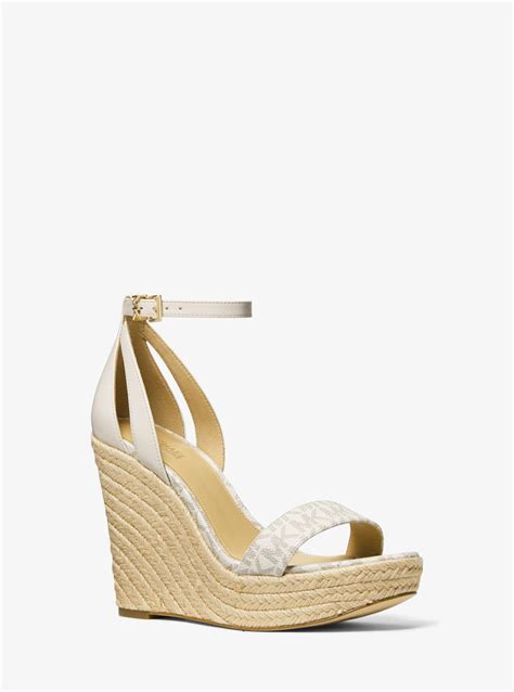 michael kors kimberly logo and leather wedge sandal|Michael Kors silver wedge sandals.